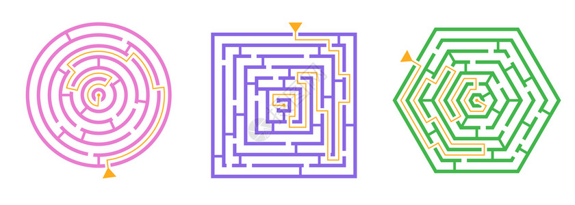 老痴呆症模糊的迷宫游戏模式顶部视图集的3个圆形正方形六边形迷宫矢量插图插画