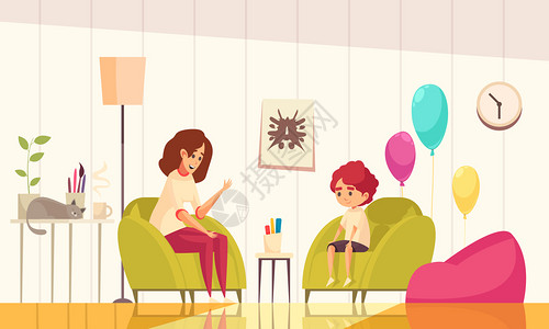 沙发说话婴儿心理学家儿童咨询会议非正式舒适的办公室内部与气球植物猫平矢量插图插画