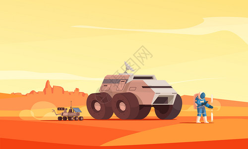 火星探索殖民景观平成与漫游者宇航员红尘表背景丘陵矢量插图背景图片