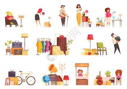车库销售物品,卖家,买家,访客,用服装,家具,自行车,乐器,电视机,平矢量插图图片