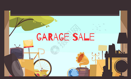车库销售背景与自行车电视家具符号平矢量插图图片