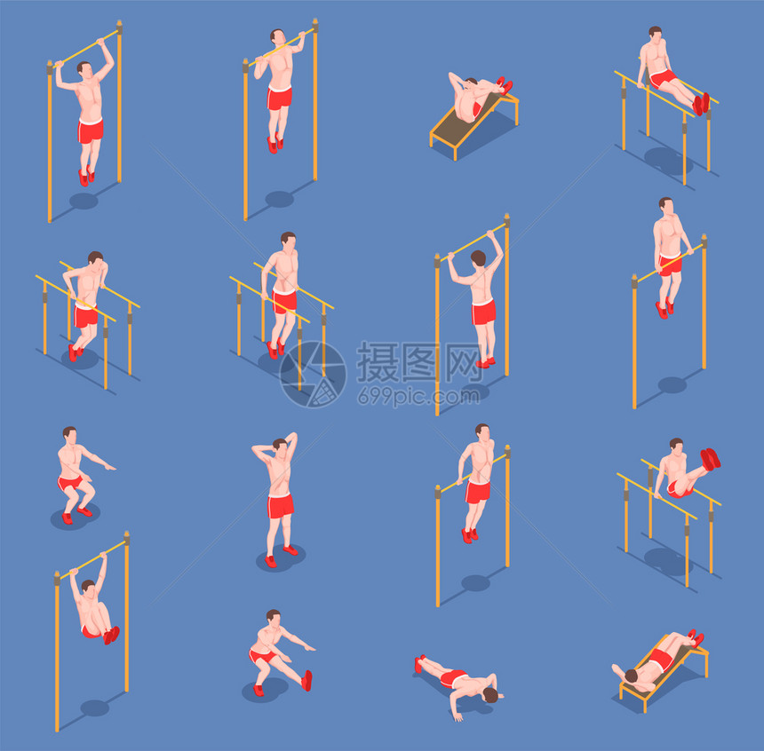锻炼等距的人16个图标与男格的运动员各种运动矢量插图图片