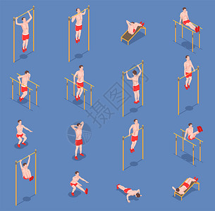 锻炼等距的人16个图标与男格的运动员各种运动矢量插图图片