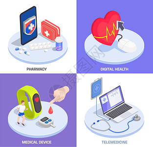 小药丸远程医疗数字健康等距与文本图像的可穿戴电子设备与药物矢量插图插画