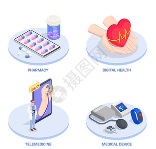 医疗平台远程医疗数字健康等距成与四个平台,各种医疗象可编辑的文本标题矢量插图插画