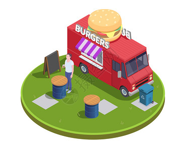 食品卡车等距成与圆形平台移动快餐餐厅与户外桌子人矢量插图图片