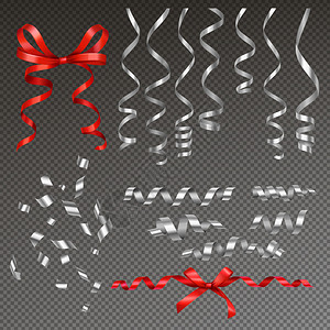 白色顶部素材银色卷曲丝带的蛇形写实与红色白色丝带图像透明的背景矢量插图插画