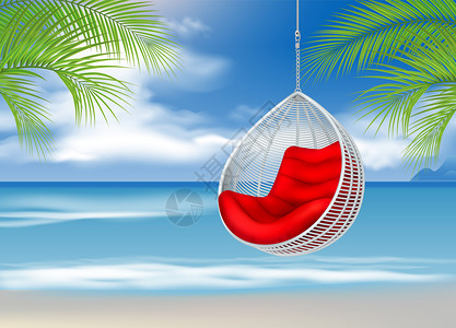 柳条悬挂秋千椅的海滩成与户外热带景观棕榈叶海休息室矢量插图图片