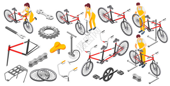 自行车修理男女机械服务等距与串联自行车泵鞍轮框架矢量插图图片