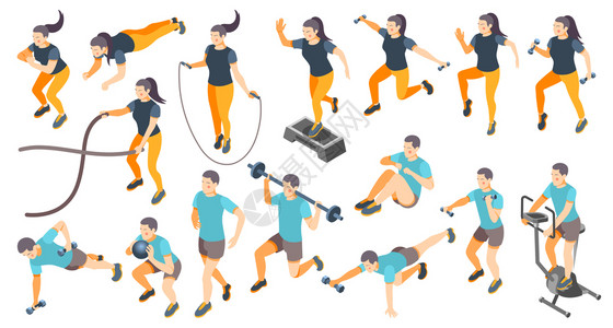 战绳训练等距图标与男子妇女心脏锻炼隔离白色背景三维矢量插图插画