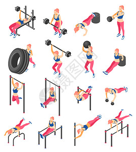 强化功能健身训练等距图标与后蹲举重杆练孤立矢量插图背景图片