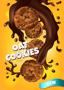 坚果巧克力饼干逼真的燕麦饼干海报与新的味觉符号矢量插图插画