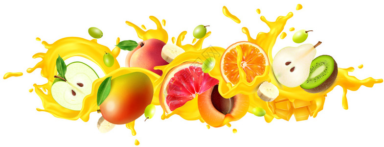 果汁喷雾水果与苹果橙桃子现实矢量插图图片
