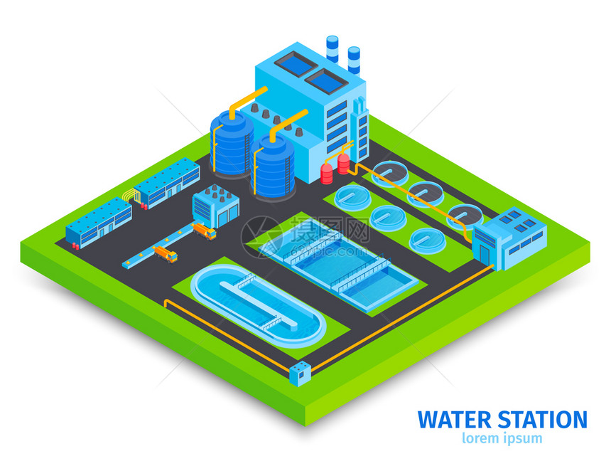 等距净水技术与文本视图的水加工厂站与厂房矢量插图图片