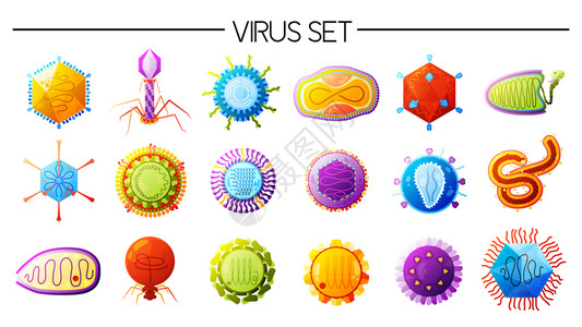 两小儿辩日人类病品种五颜六色的图标与天花同类型的流感麻疹脊髓灰质炎埃博拉矢量插图插画