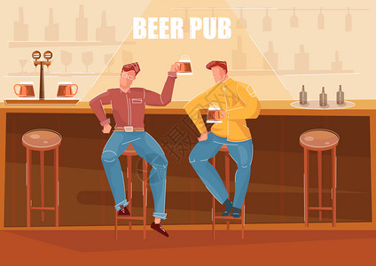 两个人酒吧平矢量插图的酒吧柜台喝啤酒图片