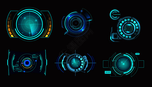 汉界黑色背景矢量插图上隔离的HUD用户界雷达集仿真飞船高科技目标屏幕元素插画