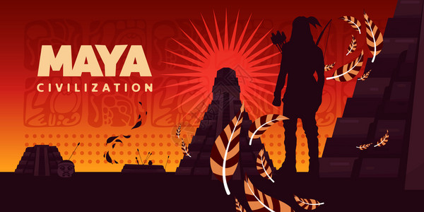 民族志玛雅文明水平矢量插图与印度的剪影,看着库库坎金字塔的日出背景插画