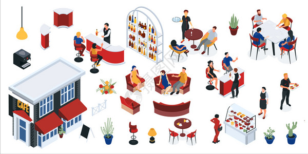 咖啡馆免抠元素餐厅等距与内部工作人员游客的元素,等待订单矢量插图插画