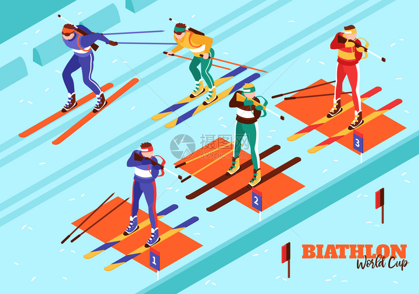 冬季体育双项比赛等距构图与越野滑雪步选手背景矢量插图图片