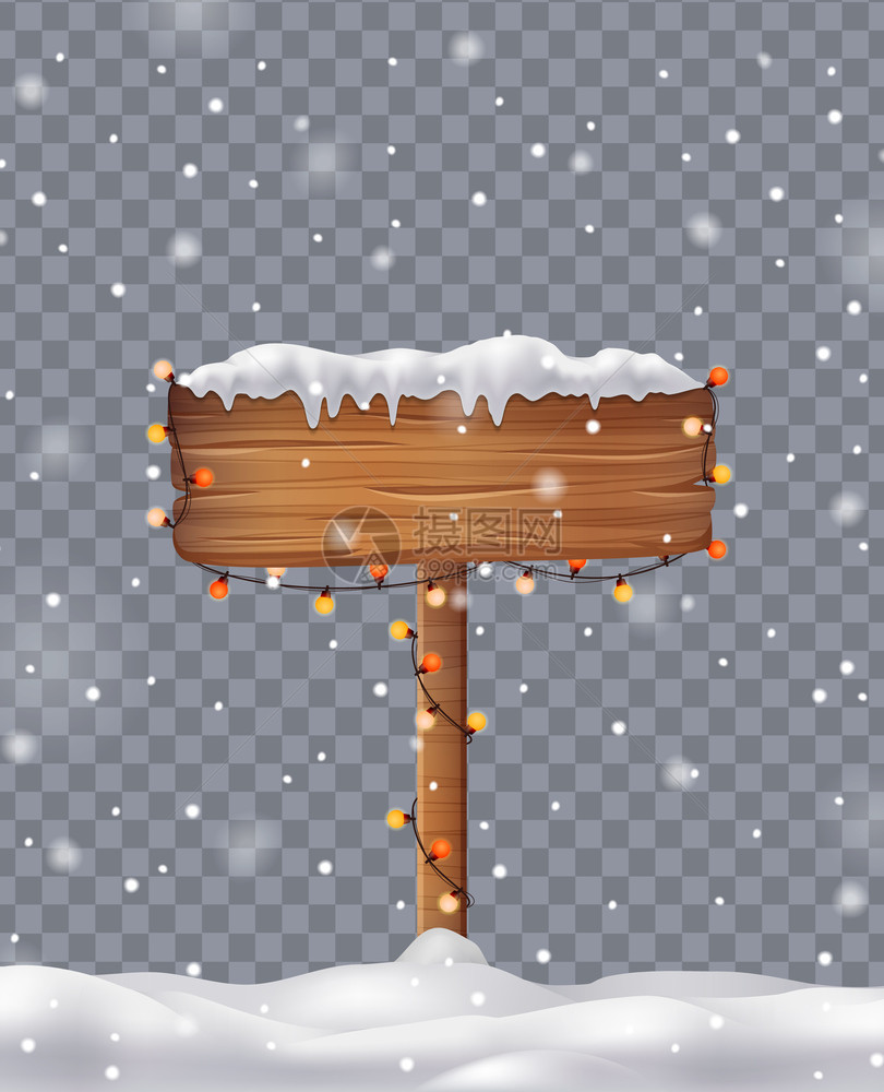 诞标志与雪帽雪堆现实的上透明的背景矢量插图图片