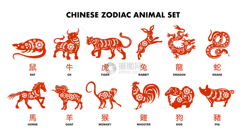 中国生肖动物红色套兔狗猴猪虎马龙山羊公鸡牛鼠孤立卡通矢量插图图片