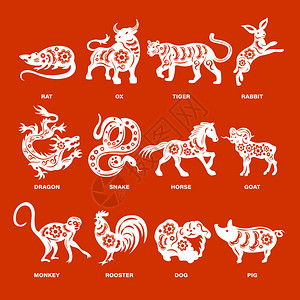 十峰谷中国十生肖的神动物切割白纸红色背景与描述矢量插图插画