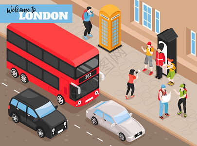 欢迎来伦敦等距海报与复古运输游客拍摄旁边的皇家护卫箱等距矢量插图欢迎来伦敦等距背景背景图片