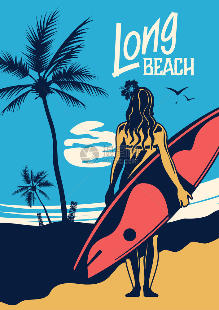 暑假垂直海报插图轻妇女与冲浪板南海滩背景手绘复古矢量插图冲浪手画垂直海报图片