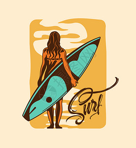 冲浪手绘背景与轻女孩穿着泳衣站海边,着冲浪板矢量插图冲浪手绘矢量插图图片