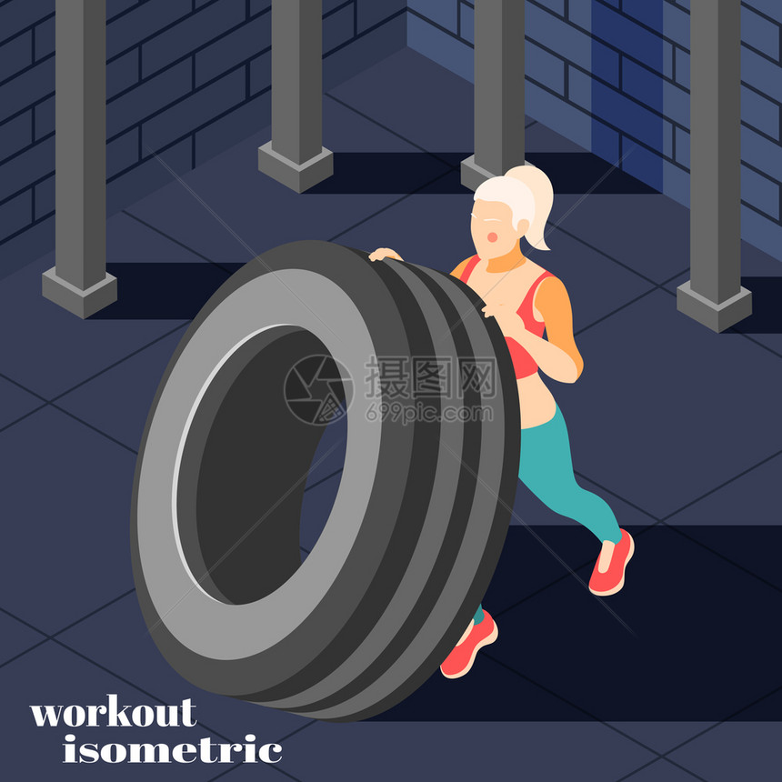高强度效锻炼健身训练等距成与女子轮胎翻建筑肌肉锻炼矢量插图锻炼等距成图片