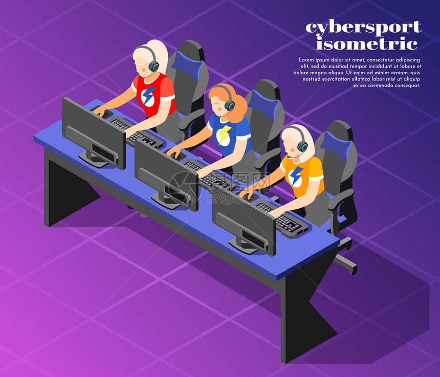 网络端口等距彩色背景,三个女孩电脑矢量插图上玩游戏图片