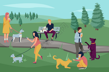 人类与狗人们与狗平构成公园户外景观与树木人们遛狗矢量插图人狗户外作文插画