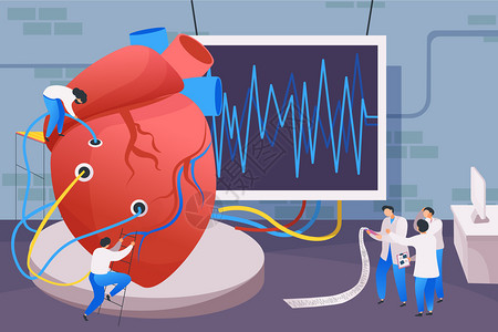 心电图机医疗中心平成与人的心脏连接心仪屏幕与电线医生字符矢量插图插画
