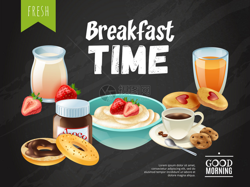 早餐时间黑板与早上好的愿望健康的新鲜乳制品图标矢量插图图片