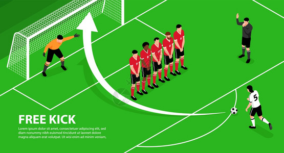 等距足球足球水平背景与可编辑的文本操场风景与字符的球员盖茨矢量插图图片