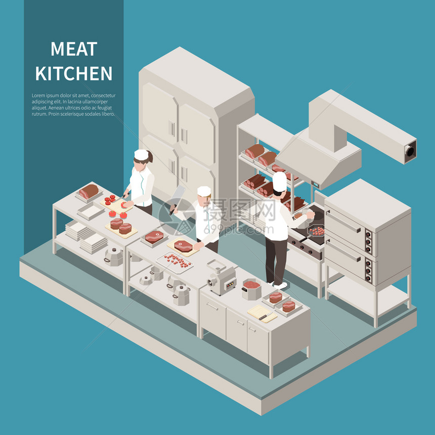 工业厨房设备等距成与专业厨师切割烤烤炒肉范围矢量插图图片