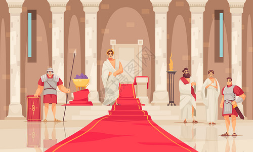 警卫皇帝他的王位古罗马城堡卡通矢量插图插画