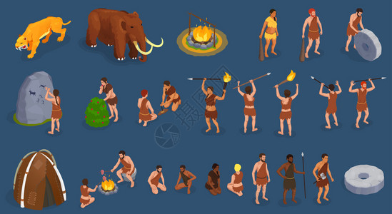 北欧办公餐洞穴人史前原始人人类人物,配备了皮克斯野生动物篝火矢量插图原始人等距集插画