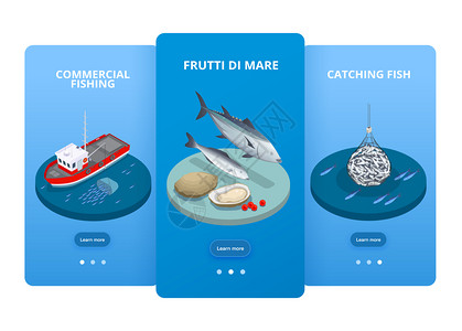 行业及市场三个垂直鱼业海鲜生产等距横幅与可点击按钮文本图像矢量插图插画