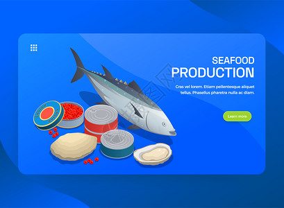 养殖海鲜鱼业海鲜生产等距水平横幅与包装产品的图像,可编辑文本按钮矢量插图插画