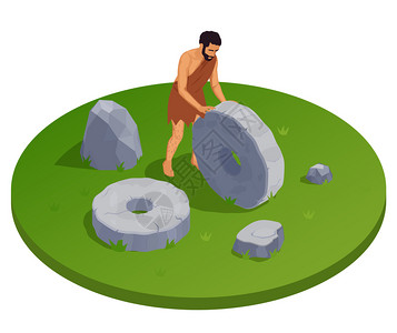 穴居人史前原始人的圆形等距构图与古代人类的格,由石头矢量插图制成的轮插画