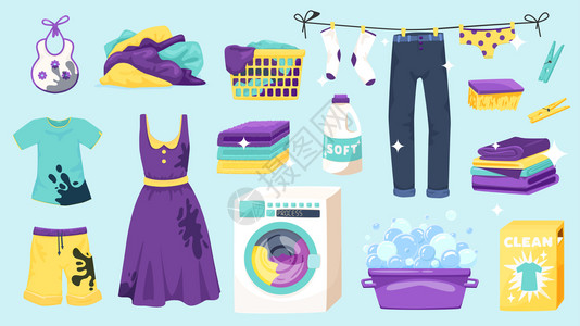 洗衣机洗衣洗衣的孤立图标五颜六色的商品图像与悬挂干燥衣服洗衣机矢量插图插画
