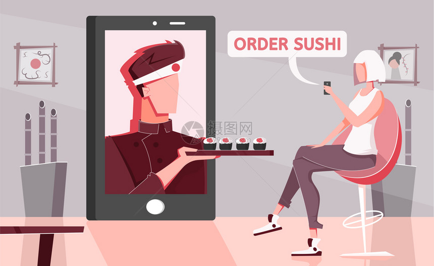 寿司线平构图与家庭风景女角色订购亚洲食物与智能手机屏幕矢量插图图片