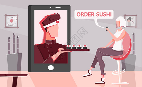 寿司线平构图与家庭风景女角色订购亚洲食物与智能手机屏幕矢量插图图片