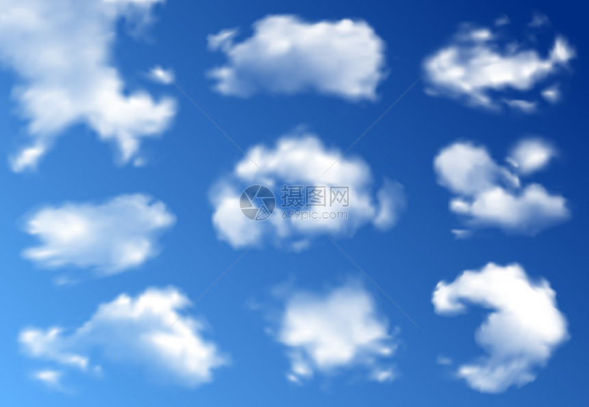 云各种类型形状的现实与层积云钴蓝天背景矢量插图图片