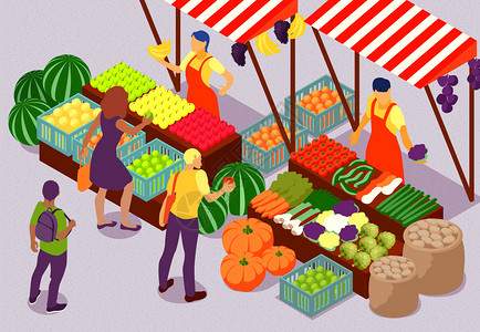 人们户外农场市场购买新鲜水果蔬菜的三维等距构图矢量图图片