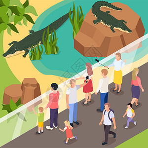 动物园里的异国动物等距构图,游客池塘矢量插图中与两只鳄鱼自拍图片