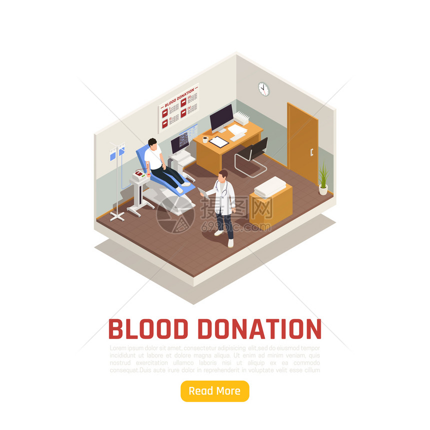 慈善捐赠志愿等距背景与阅读更多按钮文本查看血液医学中心矢量插图图片