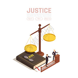 司法书法律公正等距背景与图像的权重与书籍人与可点击的文本按钮矢量插图插画